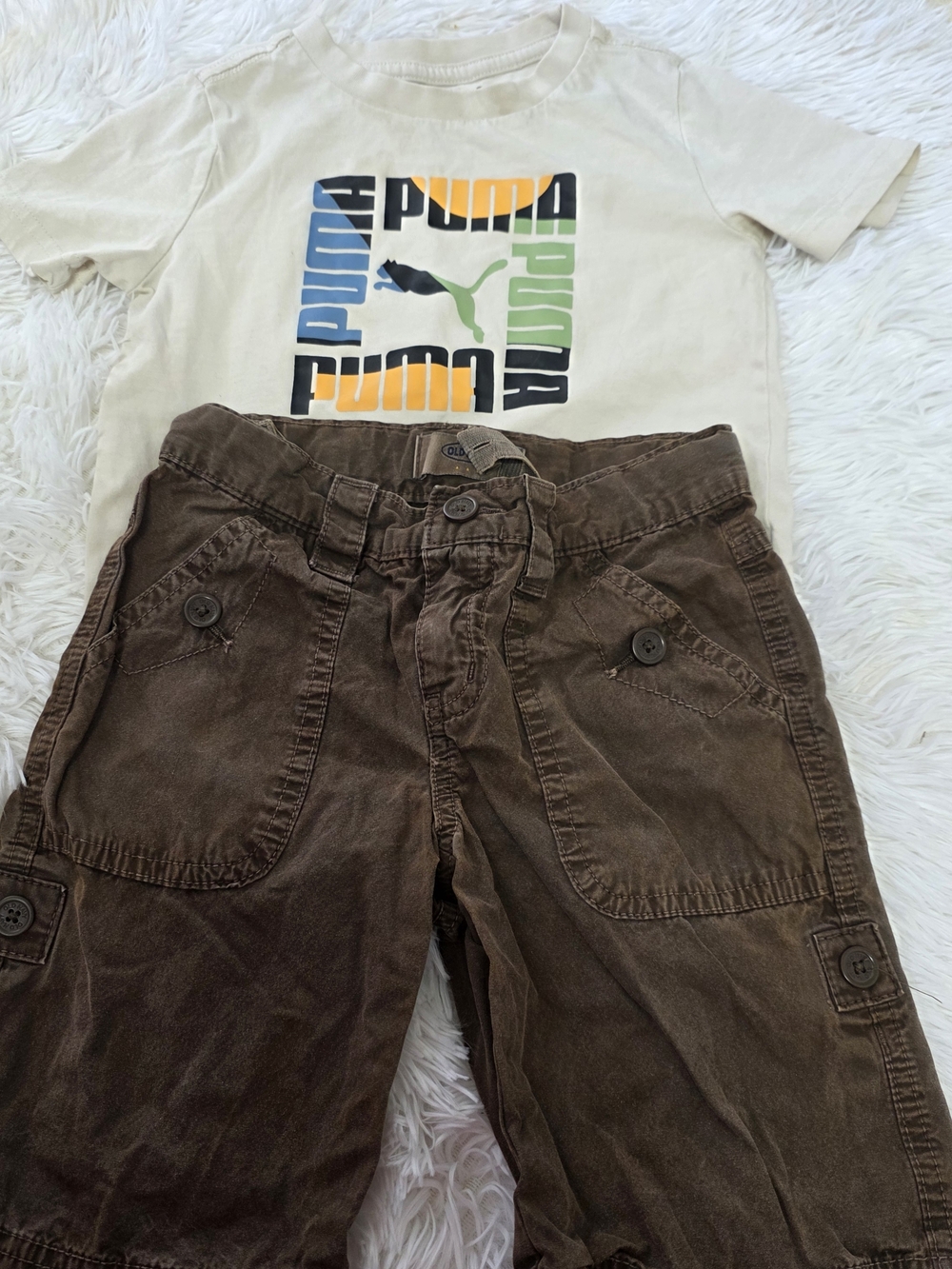 PUMA Cream Graphic Tee with Brown Cargo Shorts